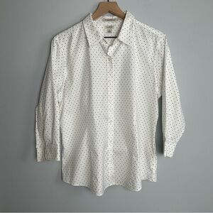 L.L. Bean Polka Dot ¾ Sleeve Button Down Shirt, Size L, White Navy Blue